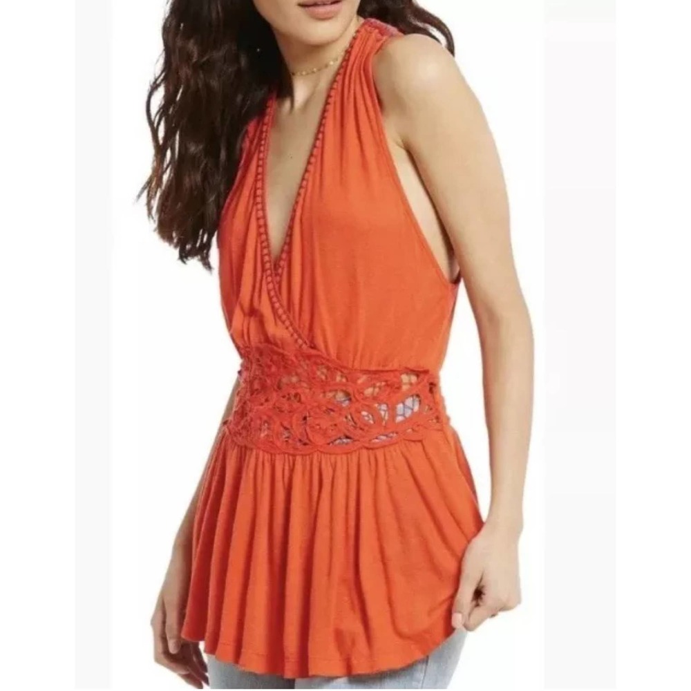 NWT Free People OB591330 Red Megan Crochet Waist Peplum Tank Size S